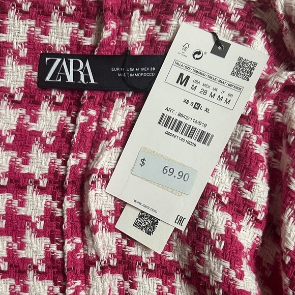 ZARA Pink White Houndstooth Tweed Cropped Blazer Jacket with Rhinestone Buttons - Picture 2 of 6